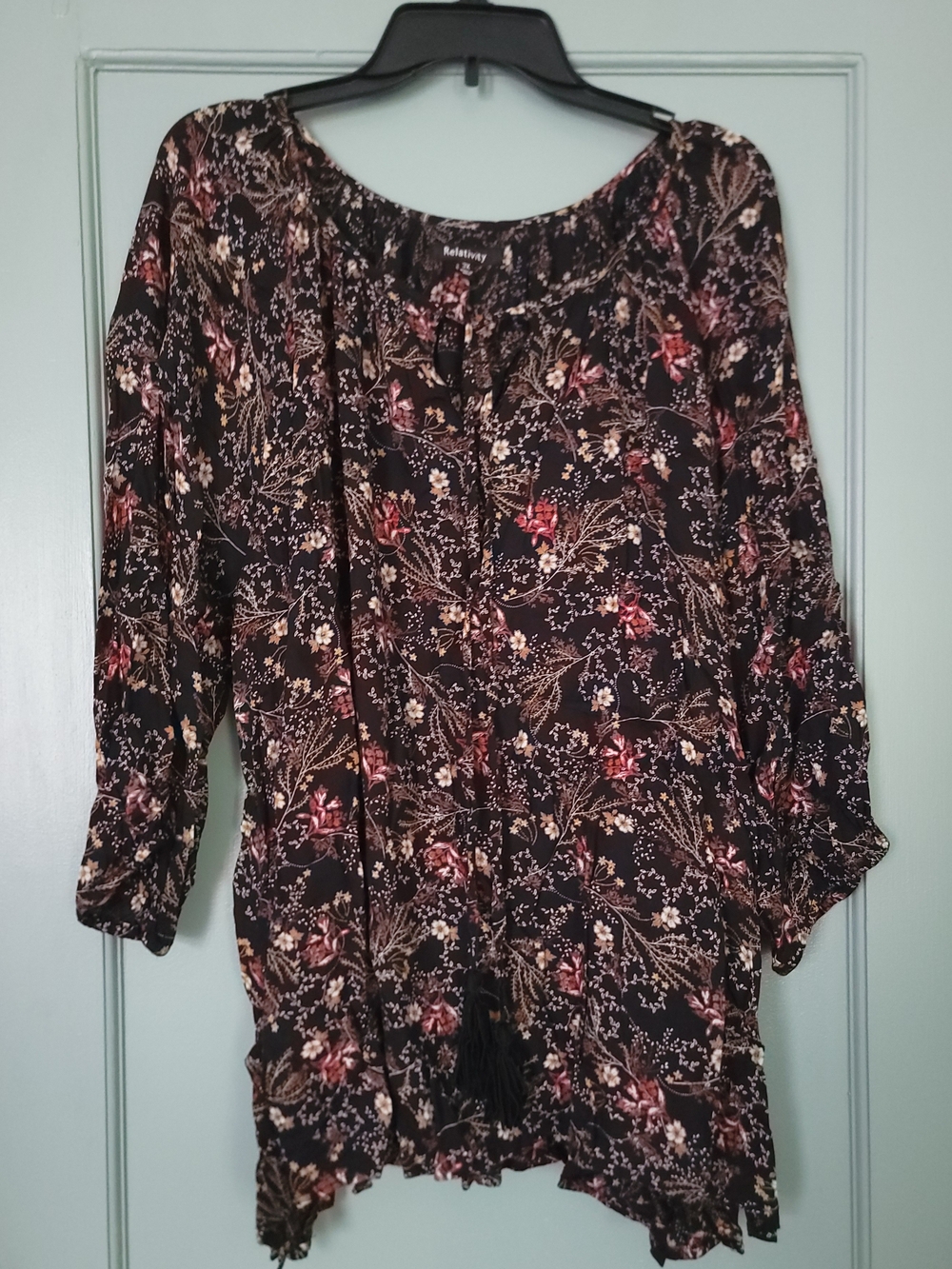 Relativity Black Tunic Top with Pink and Cream Floral Print